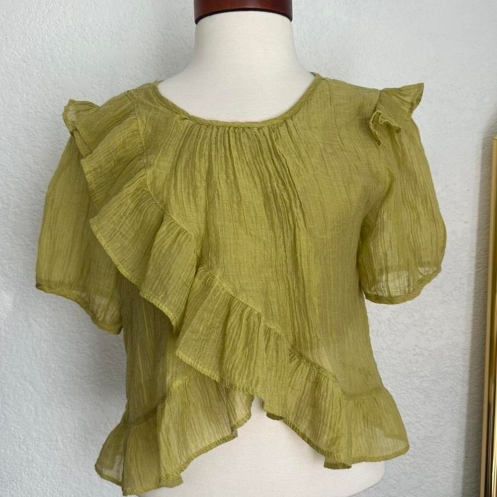 BDS Soft Olive Chiffon Blouse with layered Ruffle Detail Lightweight Flowy Top